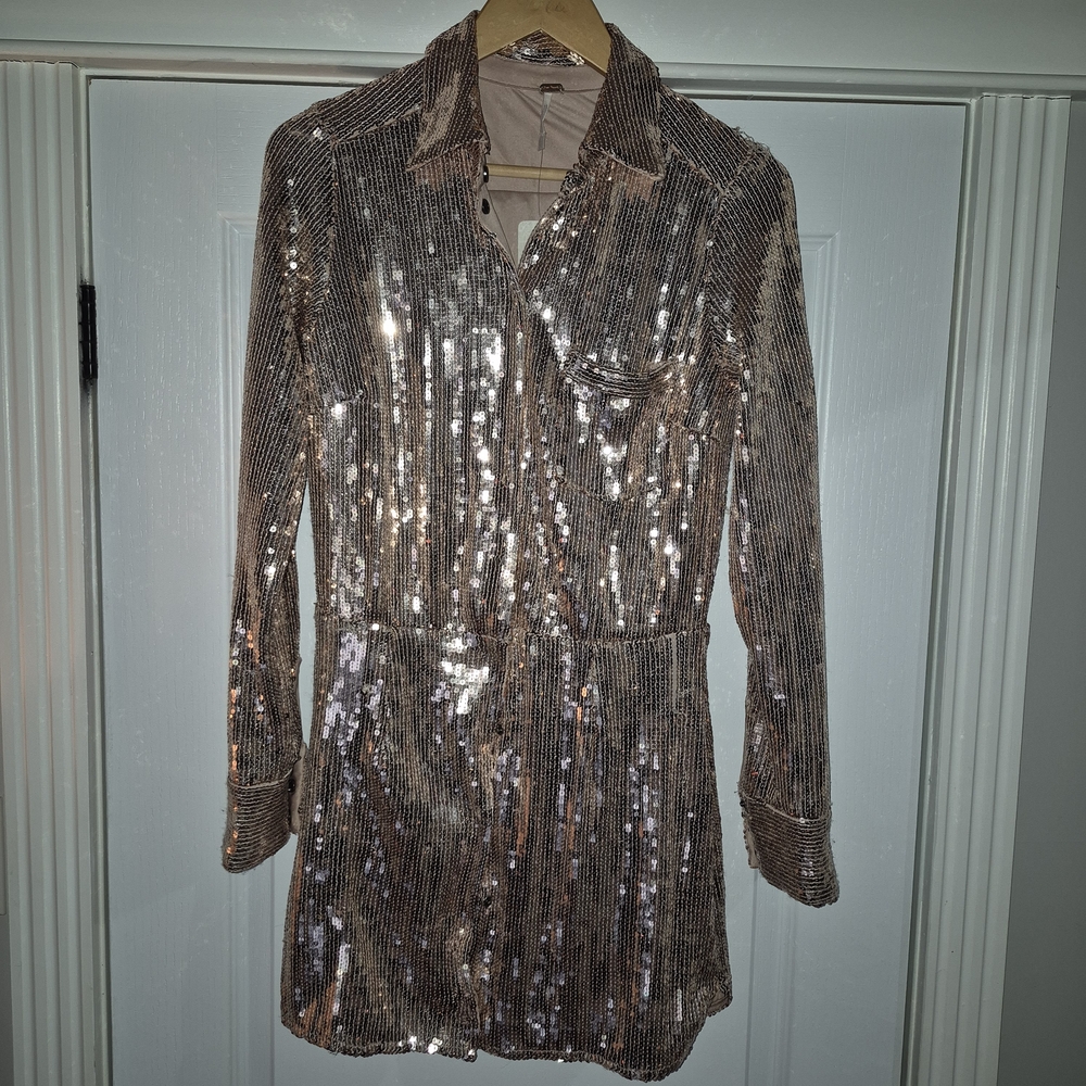 Free People Rose gold Sequin Button-Up Blouse